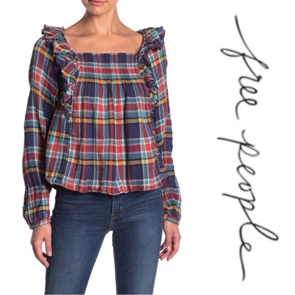 EUC Free People Multicolor Plaid Ruffle Blouse Small